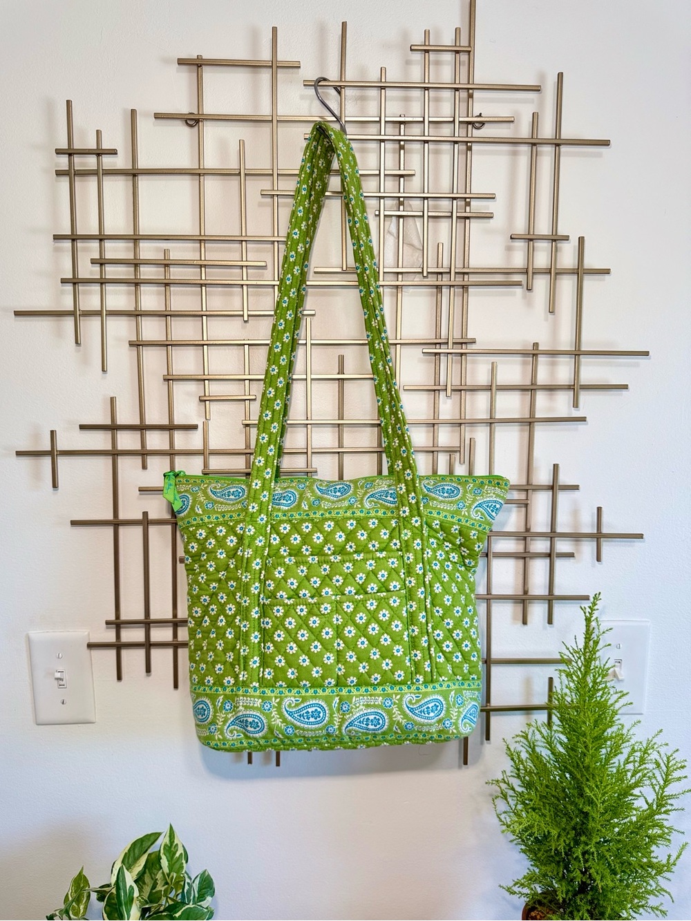 Vera Bradley Green Floral Quilted Tote Bag with Paisley Trim